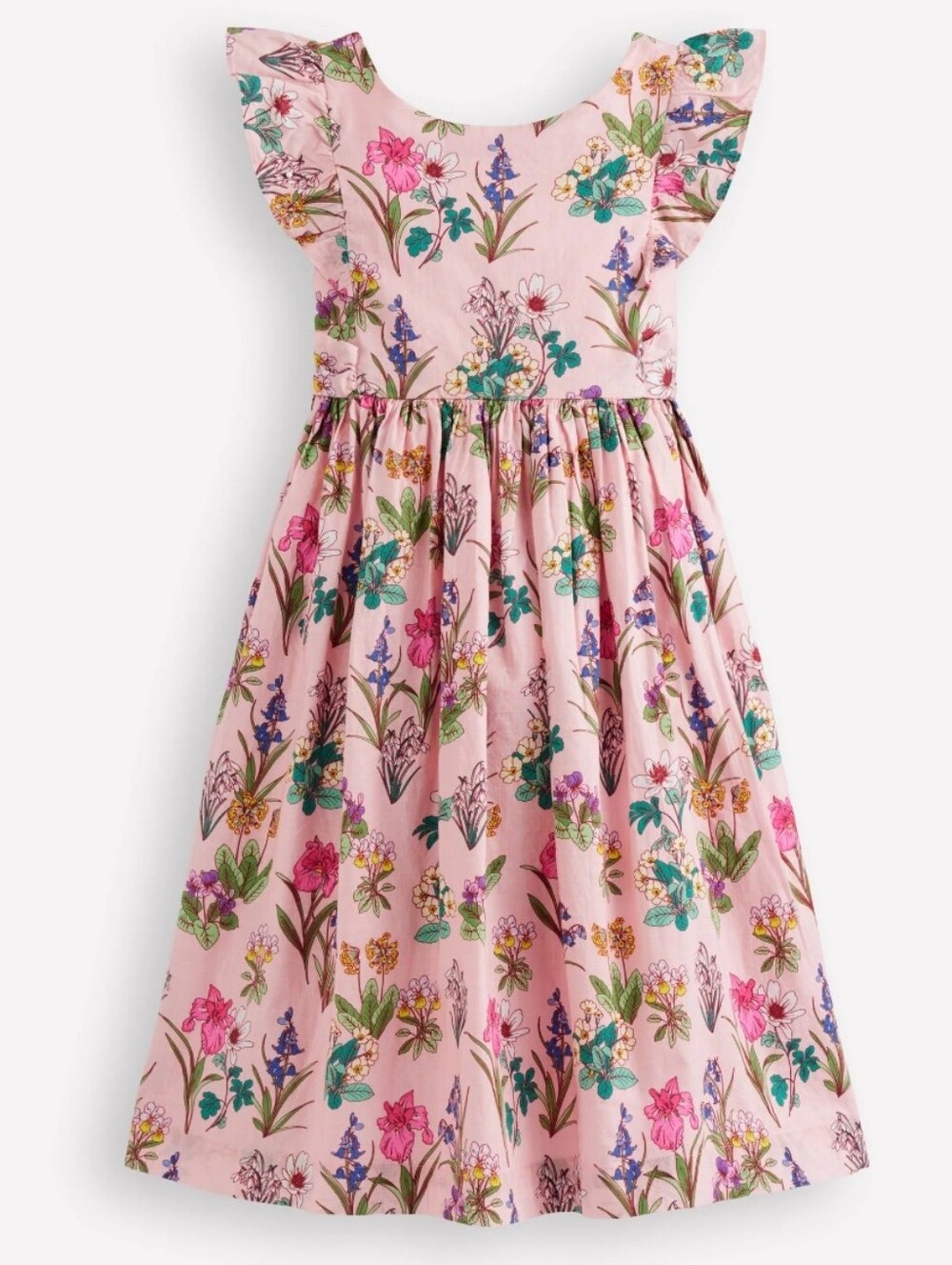 Boden Bow Back Midi Girls Pink Floral Flutter-Sleeve Dress 6-7 Yrs